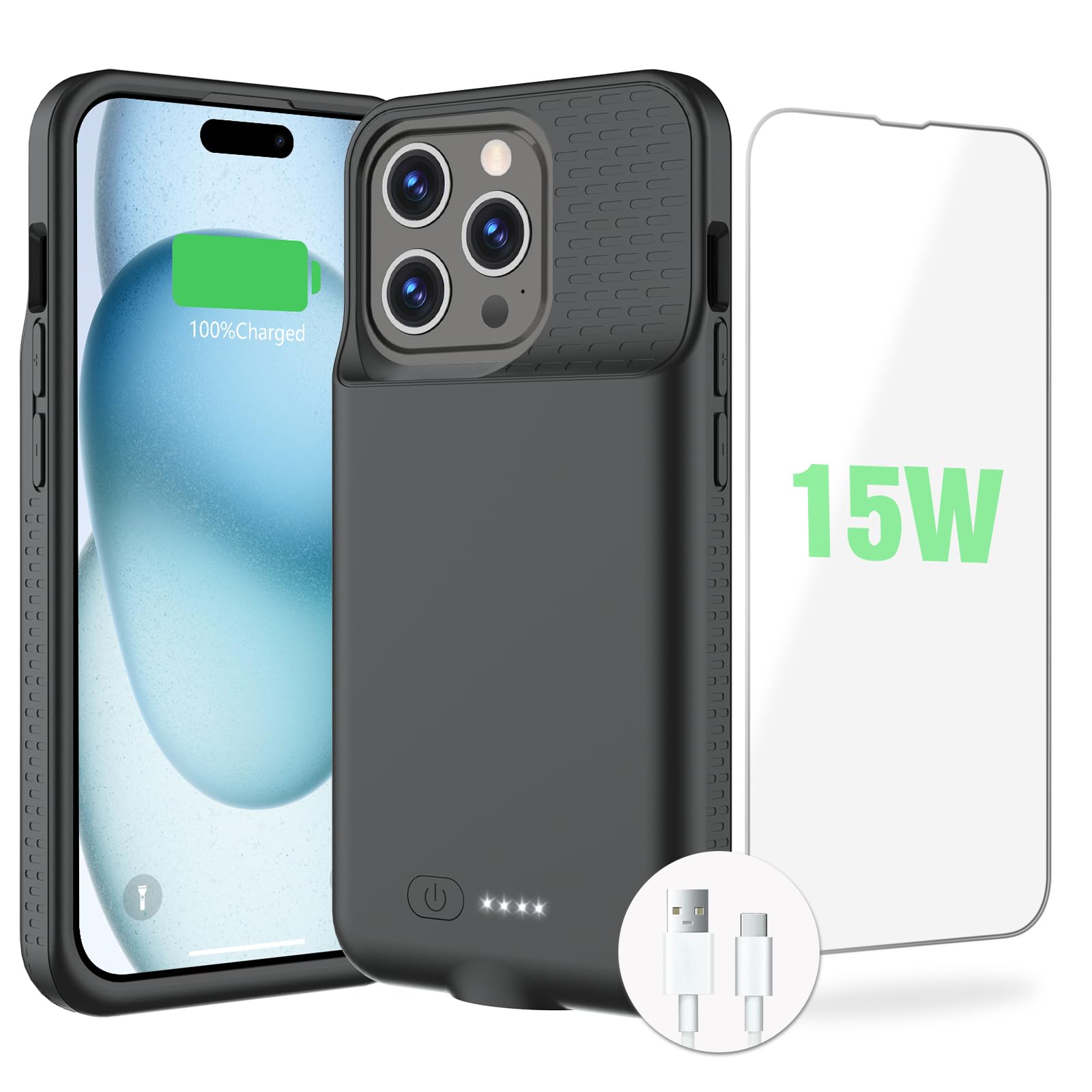 BOPPS Battery Case for iPhone 15 Pro Max/15 Plus【2026 New】 Slim 8000mAh Portable Charger Case 360°Protection Rechargeable Extended Charging case for iPhone 15 Pro Max，iPhone 15 Plus (Black)