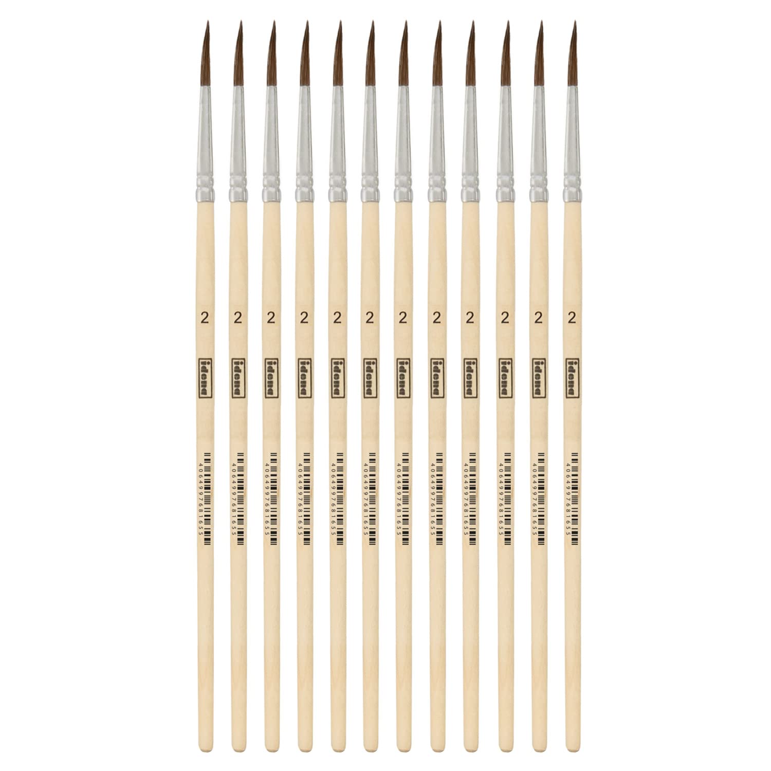 Idena 90087 Hair Brush, Size 2, with Unpainted Wooden Handle, Set of 12, Painting Brushes for School Children Hobby Artists