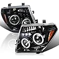 Spec-D Tuning Jet Black LED Halo Projector Headlights Compatible with 2005-2007 Nissan Pathfinder, 2005-2008 Nissan Frontier, Left + Right Pair Headlamps Assembly