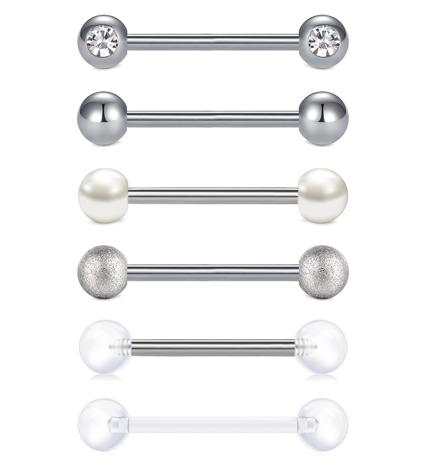 VCMART 6pcs Silver Tongue Bars Pack 14G Stainless Steel 16mm Tongue Nipple Piercing Jewellery