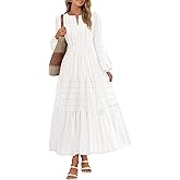MEROKEETY Winter Spring Midi Dresses for Women 2026 Casual Vacation Long Sleeve V Neck Tiered Cotton Maxi Dress Pockets
