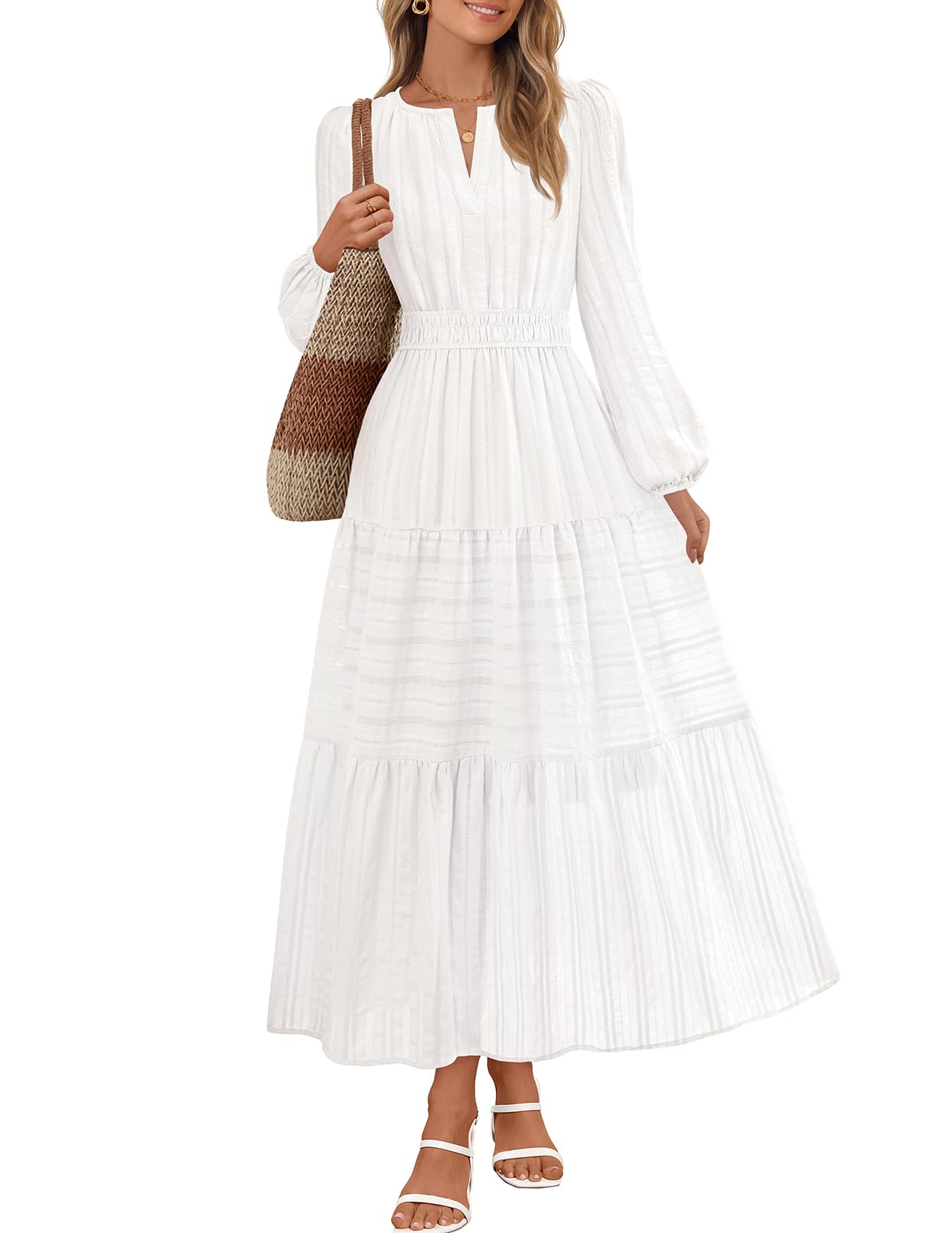 Photo 1 of MEROKEETY Fall Dresses for Women 2025 Long Sleeve Casual V Neck Tiered Cotton Wedding Guest Maxi Dress Pockets, White, Large