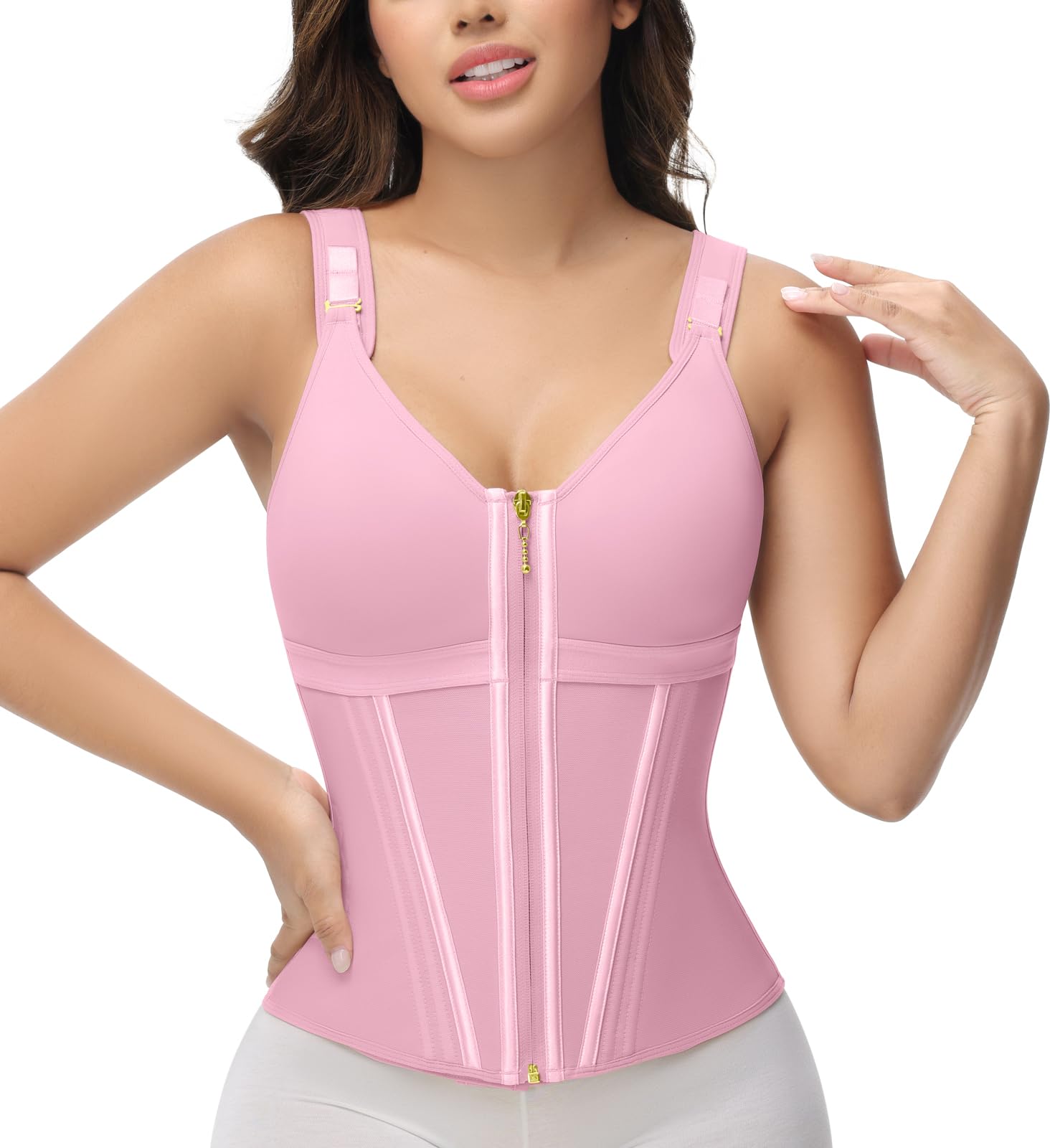 Photo 1 of SHAPSHE Waist Trainer Corset for Women Tummy Control Sport Workout Body Shaper Vest for Women Postpartum Gym Zipper and Hooks Pink