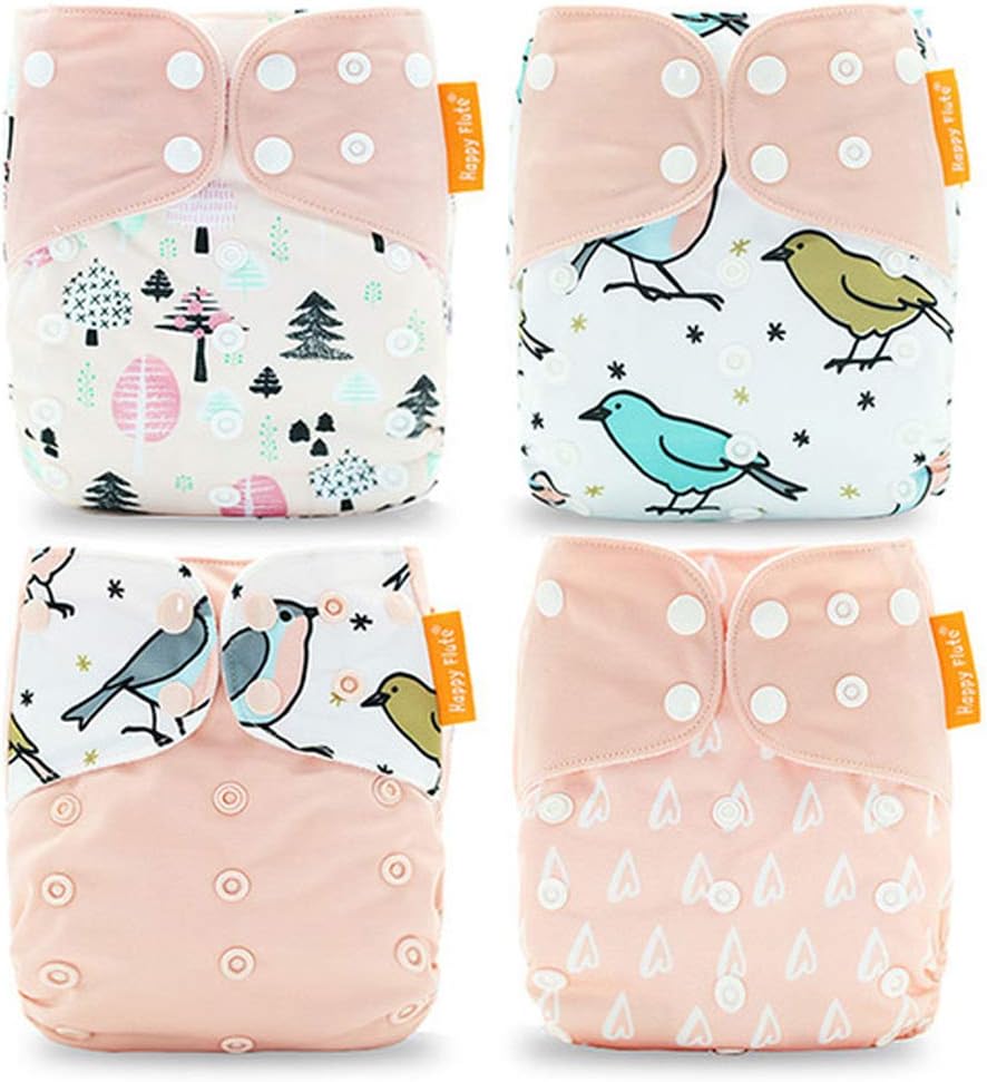 Wenosda 4PCS Baby Cloth Diaper Pocket Nappies Washable Reusable Diapers Insert All-in-One Pocket Nappy for Most Babies and Toddlers (Light Pink + Bird)