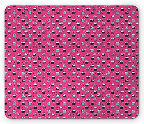 Dessert Mouse Pad, Sweet Yummy Cupcakes with Sprinkled Icing on Hot Pink Background with Doodle Hearts, Standard Size Rectangle Non-Slip Rubber Mousepad, Multicolor