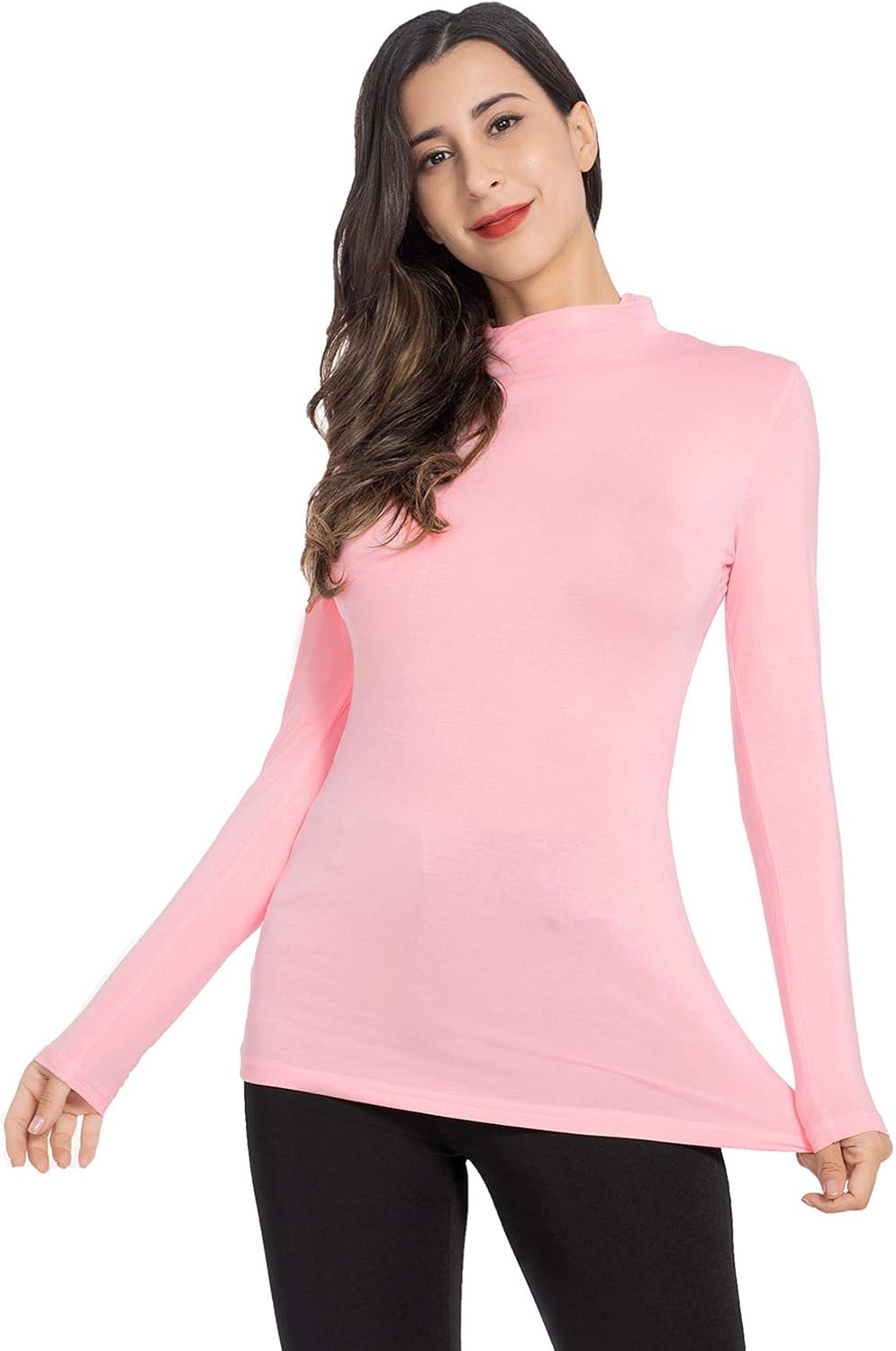 Women Long Sleeve Mock Turtleneck T Shirts Lightweight Stretch Slim Tops Pink at Amazon Womenâs 