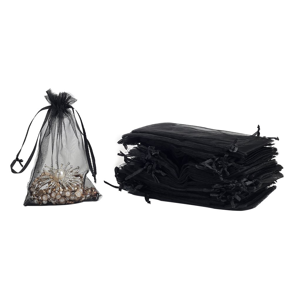 100pcs Black Organza Jewellery Bags with Drawstring, 10 x 15cm Little Organza Gift Pouches Candy Bags for Party Favor Holiday
