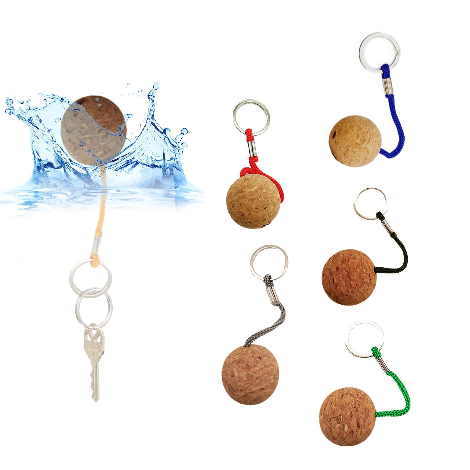 Eowppue 6 Pcs Floating Cork Keyring Ball Key Chain, Wooden Ball Water Buoyant Ring Lightweight for Kayak Boat Accessories Swimming Diving Sailing Canoeing Marine Boat (3.5cm)