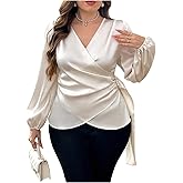 Floerns Women's Plus Size Satin Asymmetrical Wrap Tops Ruched V Neck Long Sleeve Blouses