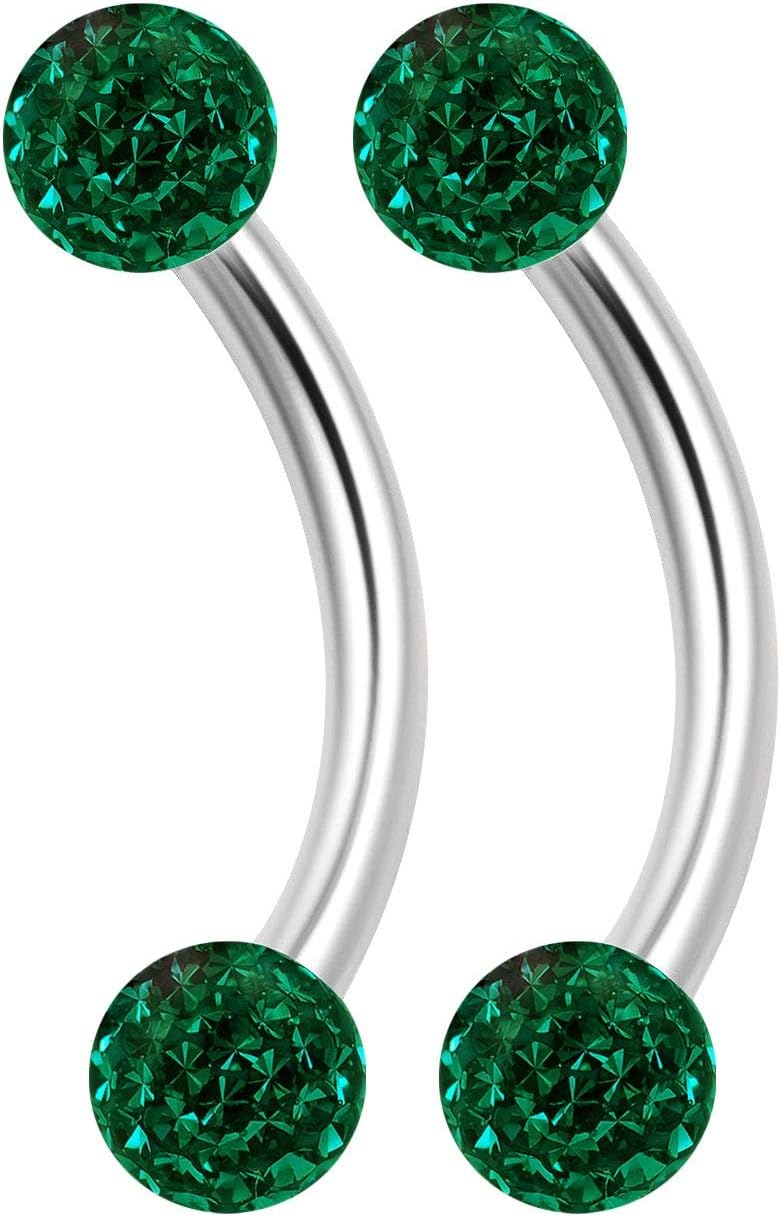 KJM FASHION2PCS Surgical Steel Curved Barbell Ring 16g 5/16 8mm 3mm Crystal Ball Helix Earrings Eyebrow Piercing Jewelry Choose Colors (2pcs 8mm Emerald)