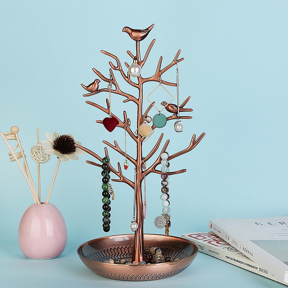 TRIXES Antique-Bronze Jewellery Tree Stand – Vintage Birds – Hang your Jewellery – Hanging Organiser Rack Tower - Display Stand