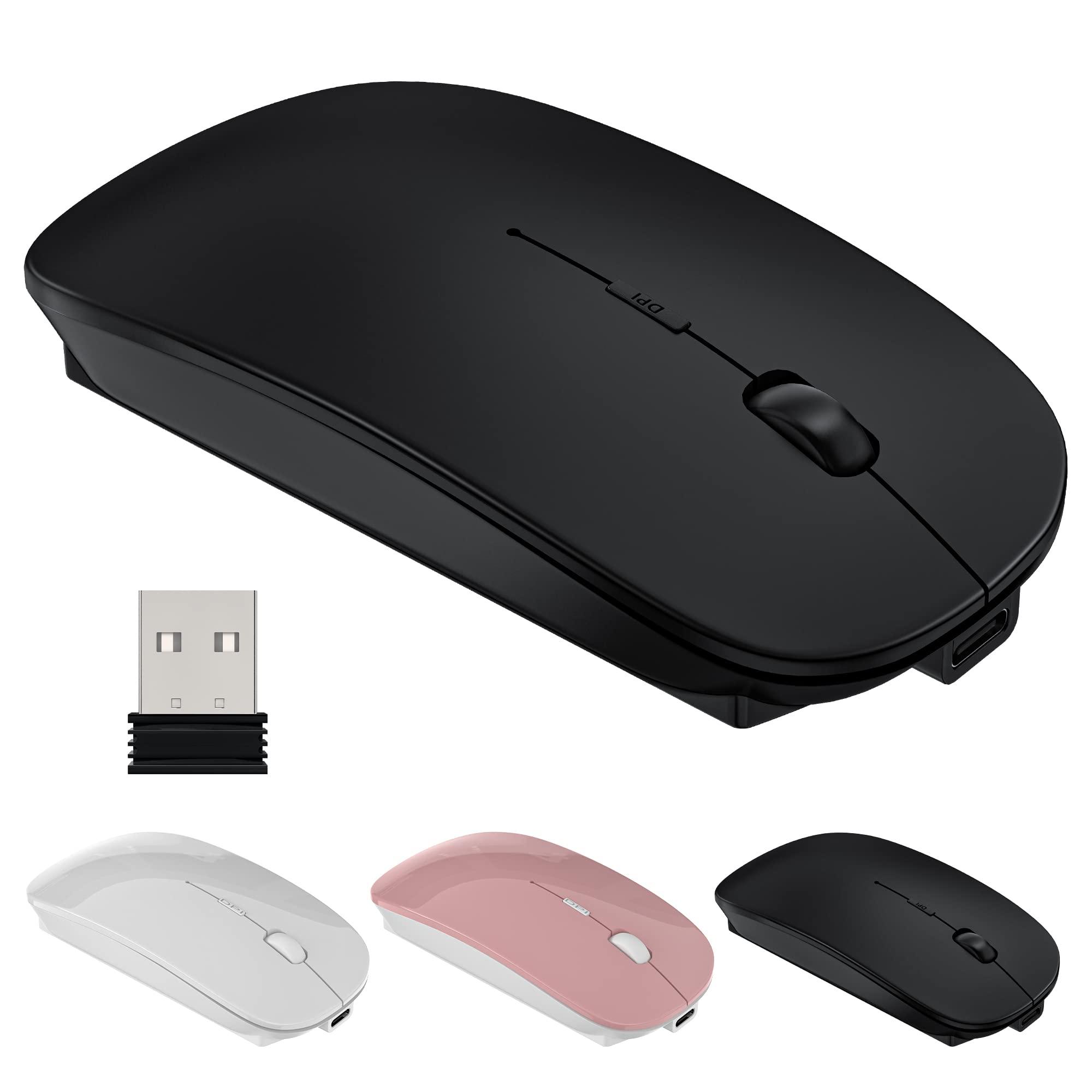 Tsmine Slim Rechargeable 2.4G Wireless Mouse Cordless Optical Mice with USB Nano Receiver(Stored Within the Back of the Mouse) for Notebook,PC,Laptop,Computer-Black