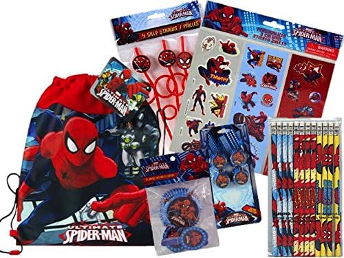 Children's Spiderman Party Favors and Cupcake Set for 16 Guests-INCLUDES A BONUS Spiderman Sling Bag for the Birthday Child!