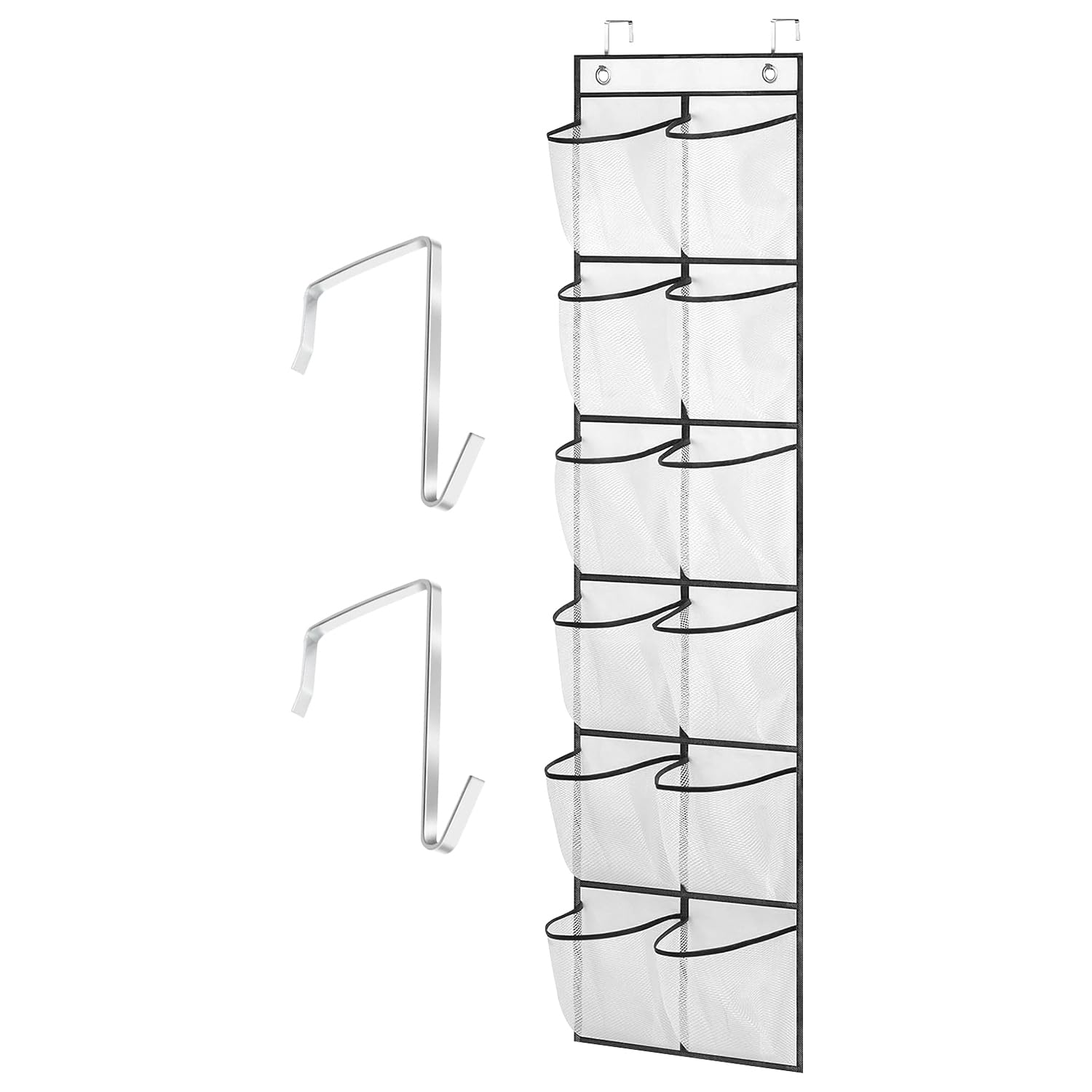 Feiyayi Over the Door Shoe Organiser With 12 Large Mesh Pockets and 2 Hooks for Narrow Closet, Bedroom, Bathroom - Hanging Storage (White, 145 x 30 cm)