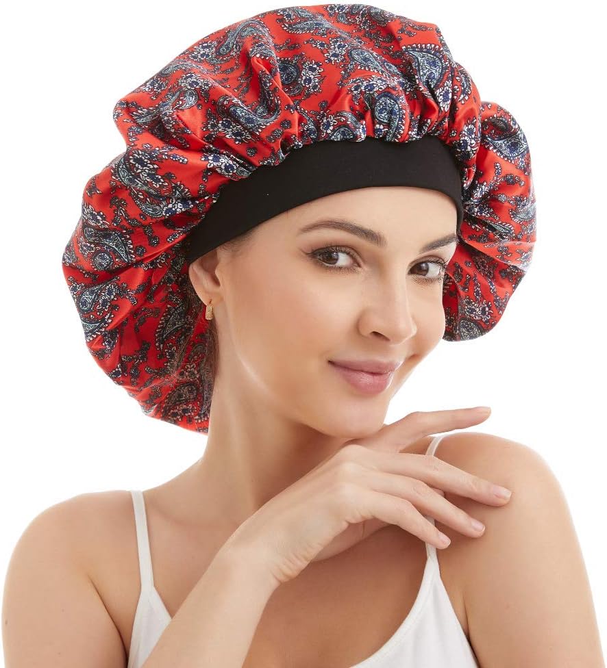 Large Satin Sleep Cap Silk Elastic Night Sleeping Hat Bonnet Nightcap Head Cover with Comfortable Wide Band for Women (FG-3)