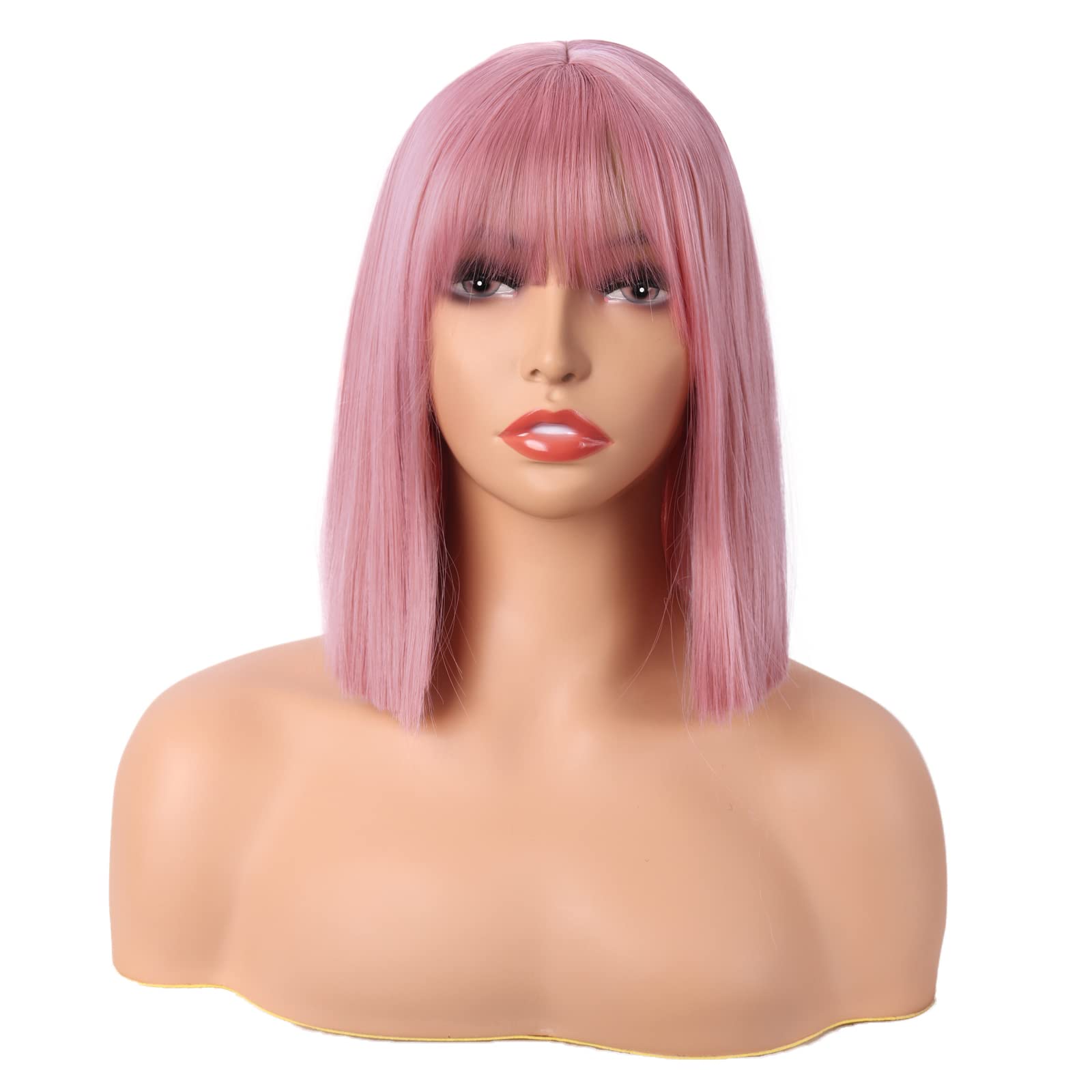 MapofBeauty 12 Inch/30 cm Straight Bob Flat Bangs Short Colorful Synthetic Hair Cosplay Party Wig (Rouge Pink) — image 1