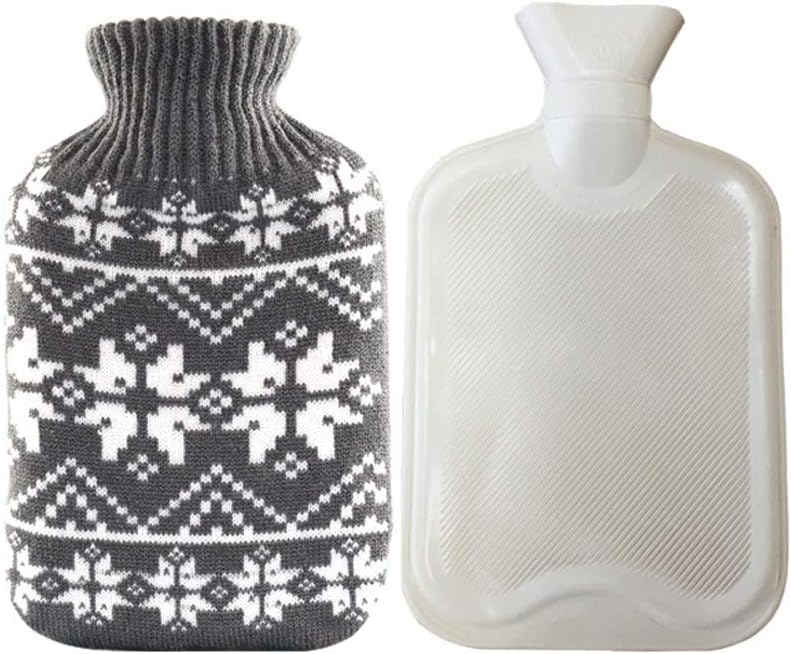 2 Pcs Warm Water Bottle Set Hot Water Bag Thicken Higher Quality Rubber Water Bottle for Better Insulation with Cover (S, Gray Snowflake)