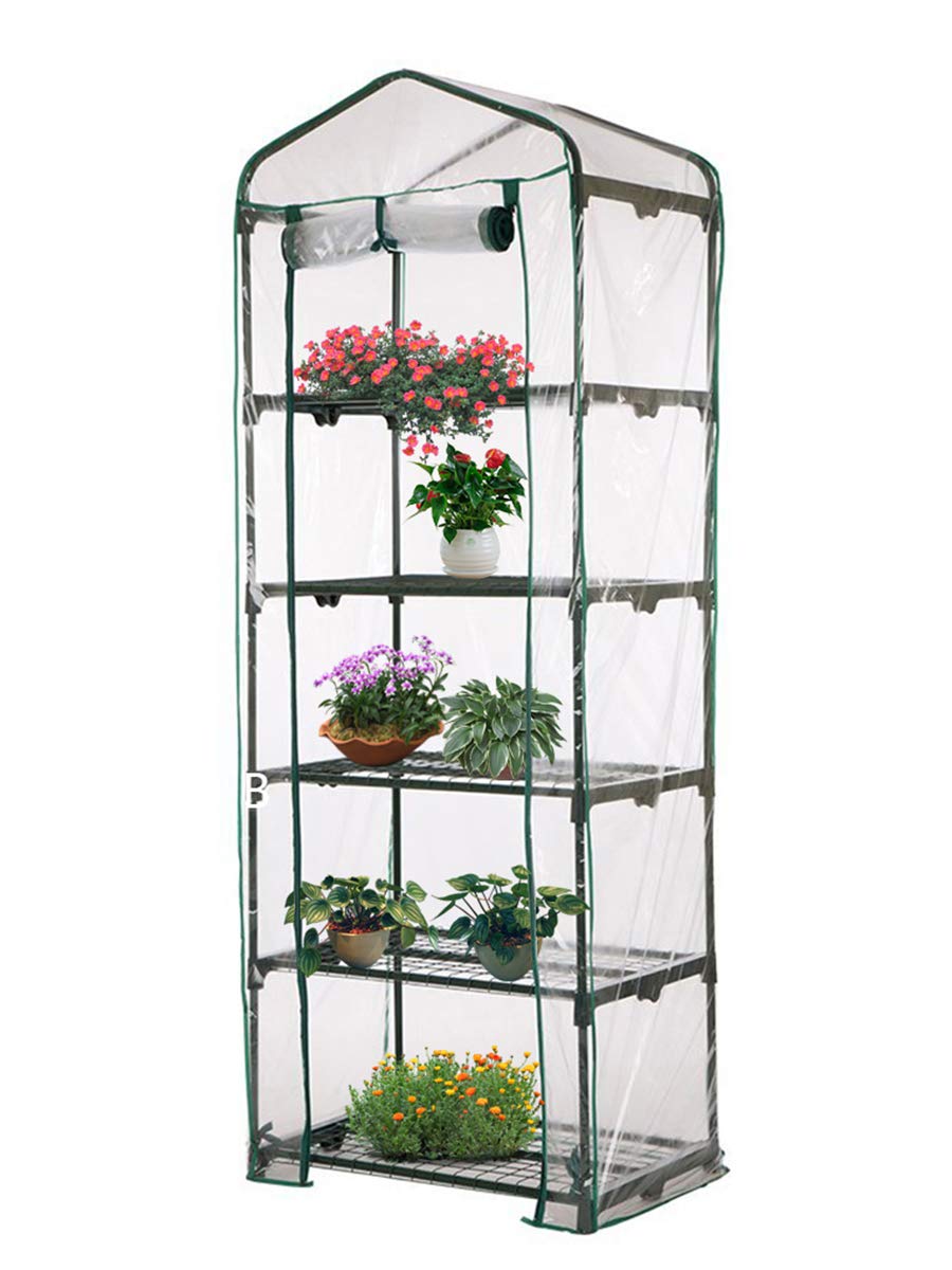 Anjinguang 5 Tier Roll-Up Zipper Door Greenhouse Replacement Cover-Clear PVC Plant Greenhouse Cover for Gardening Plants Cold Frost Protection Wind Rain Proof 27" L x 19" W x 73" H (Only Cover)