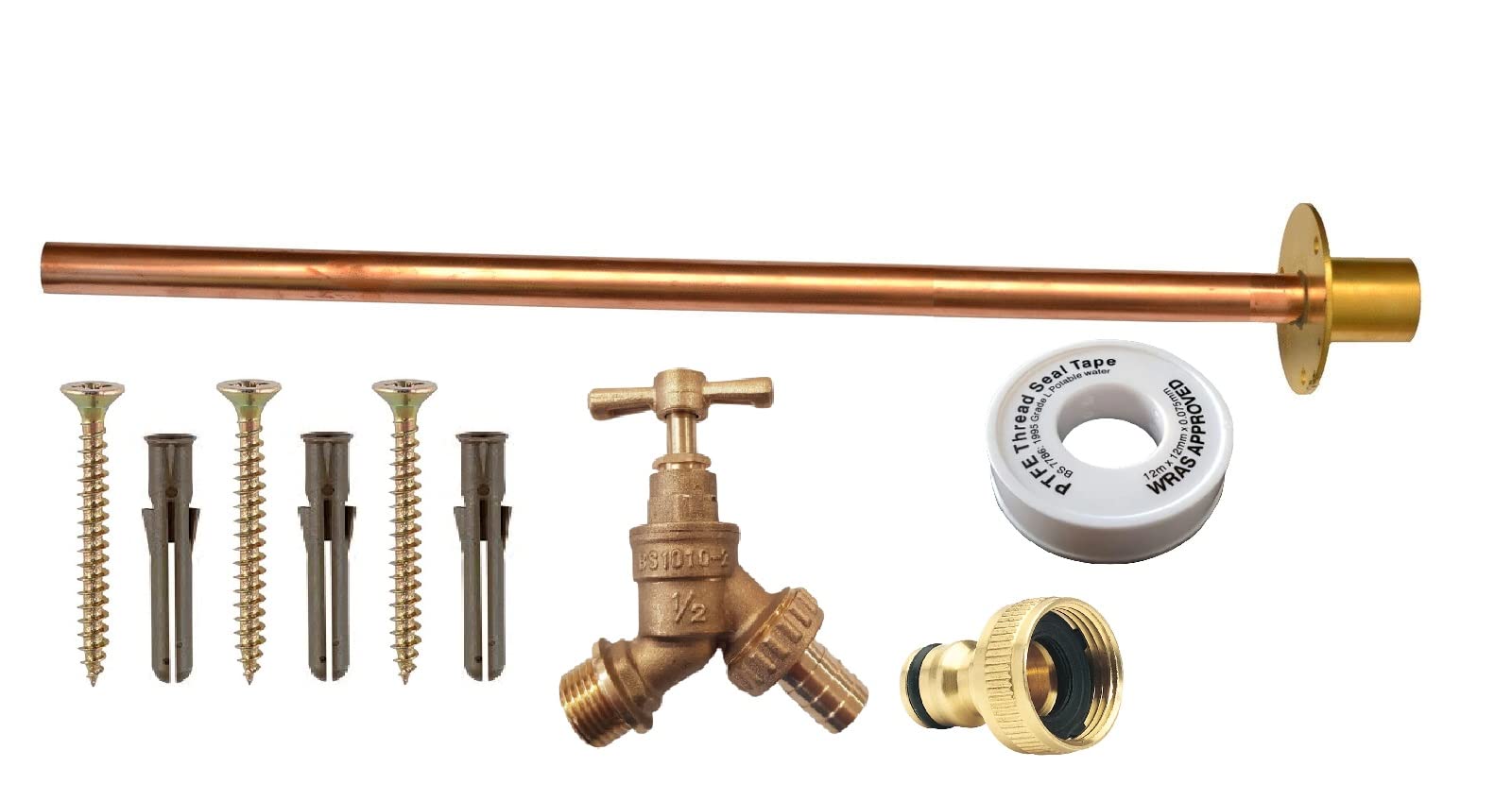 hep® Outside Garden Tap Kit with Through Wall Flange with Fixings (Brown Plugs, Screws and PTFE Tape)