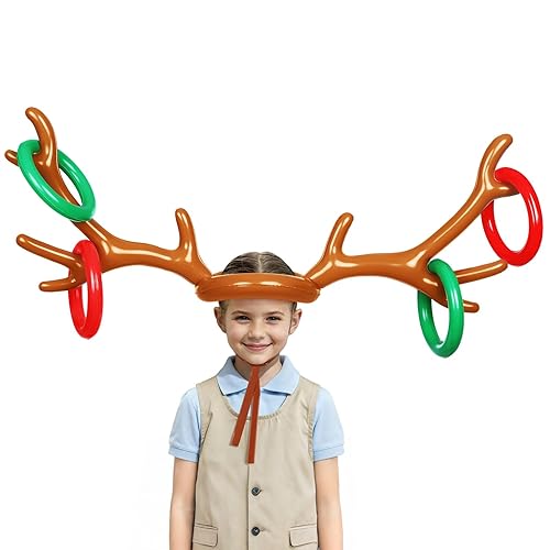 Christmas Party Toss Game Funny Xmas Eve Box Gifts Stocking Fillers for Kids Adults,Inflatable Reindeer Antler Hat with Rings for Family Friends, New Year Holiday Party Activities Accessories