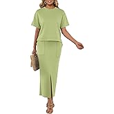 GRECERELLE Women Summer Casual 2 Piece Sets Crew-Neck Wrinkle-Free Top & Elastic Waist Maxi Front Slit Skirt with Pockets