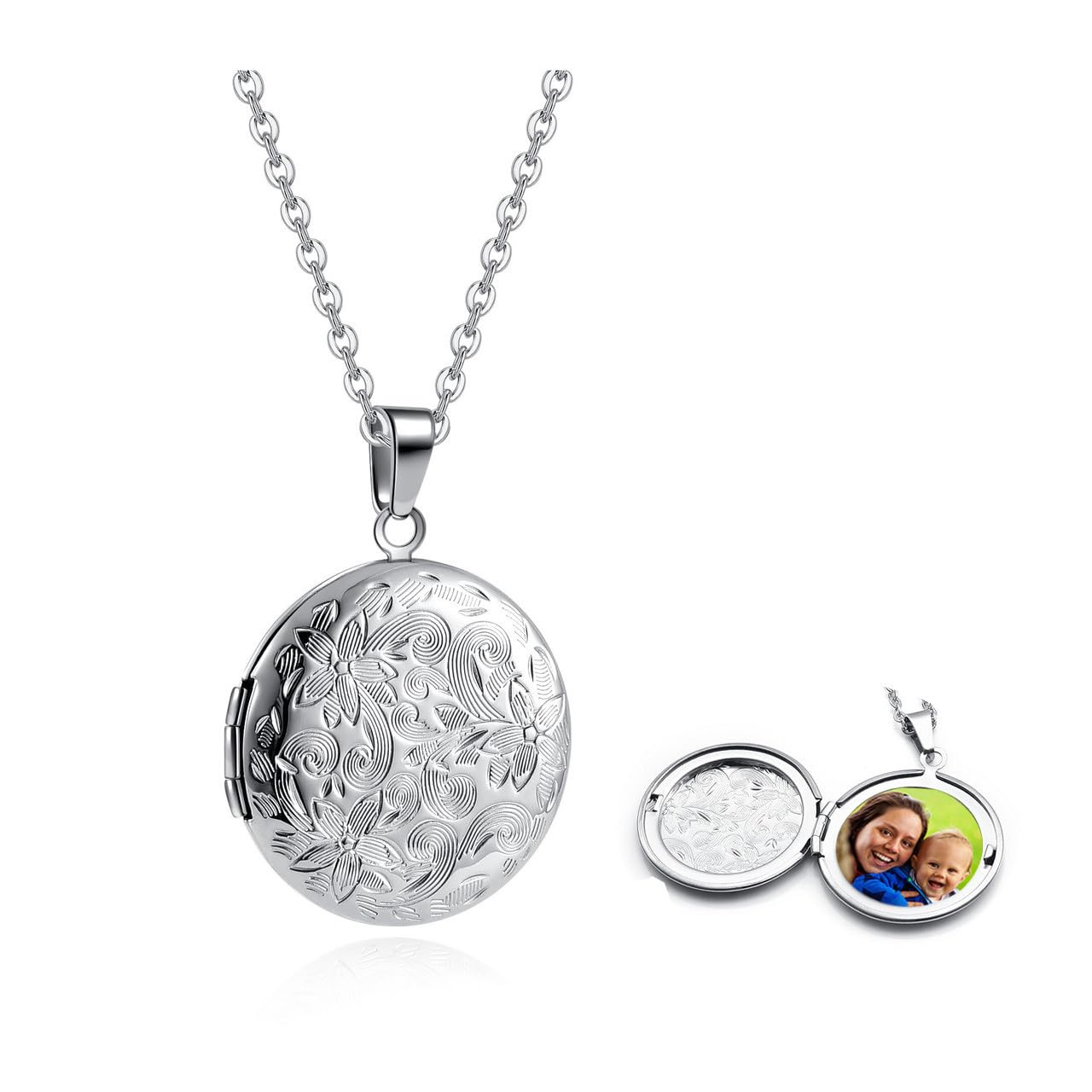 Jovivi Silver Round Photo Locket Necklace That Holds Pictures Locket Jewellery,Birthday Memorial Gifts for Women Mum