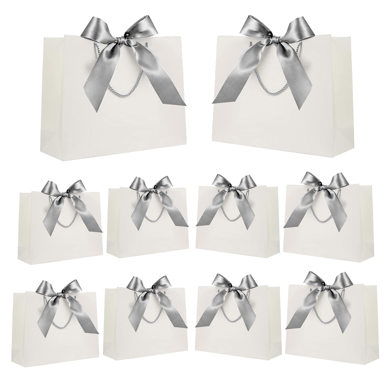 10 Pack Gift Bags with Bow Ribbon, Paper Gift Bags with Handles, Present Bags for Wedding Party Baby Shower Birthday Celebrations (32x25x11 cm, White)
