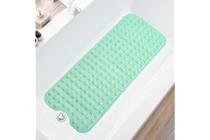 TEESHLY Bath Tub and Shower Mats, Non-Slip 39 x 16 Inch Extra Long Bath Mat,Machine Washable Bathtub Mat with Drain Holes, Suction Cups for Bathroom (Opaque Pale Green)