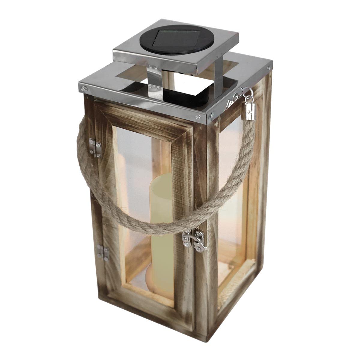 LUMI JARDIN Oaky Chic Solar Lantern in Natural Wood and Stainless Steel with LED Candle Effect Warm