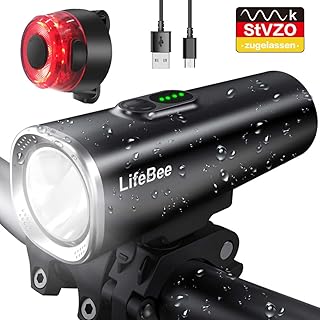 LIFEBEE LED Fahrradlicht Set, StVZO Zugelassen USB Fahrradbeleuchtung Fahrradlampe Frontlicht/Rücklicht, IPX5 Wasserdicht 2600mAh Samsung Li-ion Licht für Fahrrad