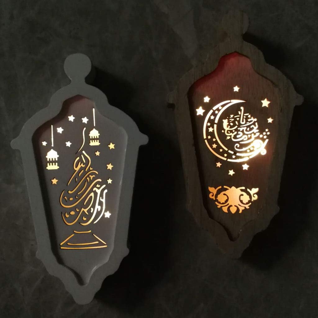 Cicitop Wooden Eid Mubarak Ornament Eid LED Light Lantern Home Decor Muslim Natural Wood Indoor Art Crafts Room Desk Decoration