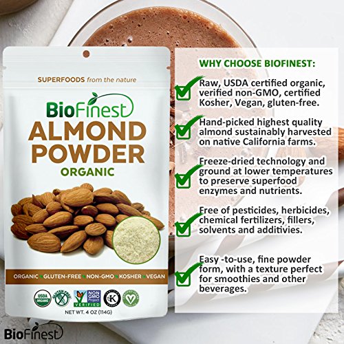 Biofinest Almond Powder - Extra Fine Ground - 100% Pure Antioxidants Superfood - USDA Certified Organic Vegan Raw Non-GMO - Boost Digestion Weight Loss - For Smoothie Beverage (4 oz Resealable Bag)