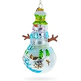 Snowman with Winter Village Painting Blown Glass Christmas Ornament