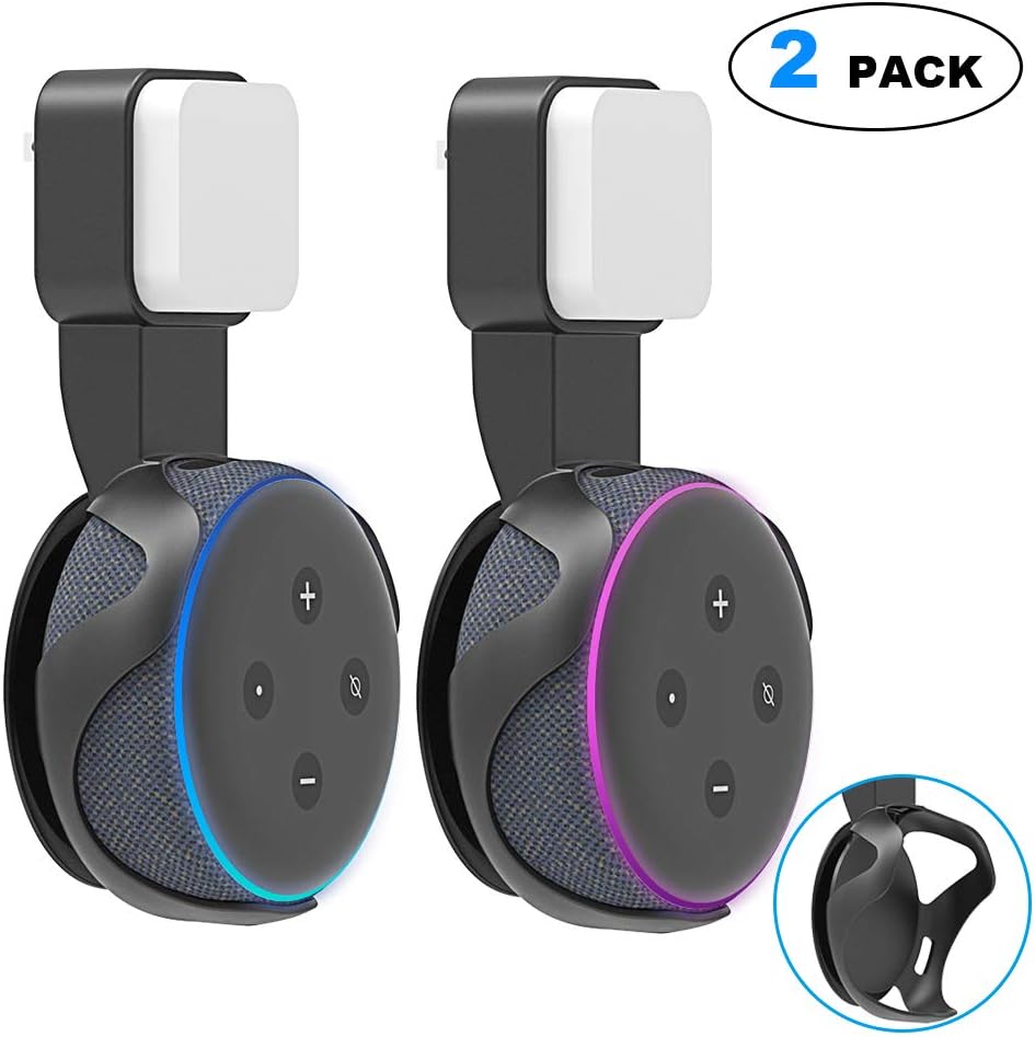 Echo Dot 3rd Generation Wall Mount Outlet Stand Holder with Anti-Slip Rubber Gasket, Exposed Speaker Grill, Built-in Cable Management,2 Pack Black