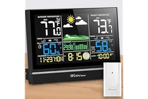 Wittime 2076B Weather Station with Atomic Clock Wireless Indoor Outdoor Thermometer Temperature and Humidity Monitor Inside Outside Barometer with Temp Sensor