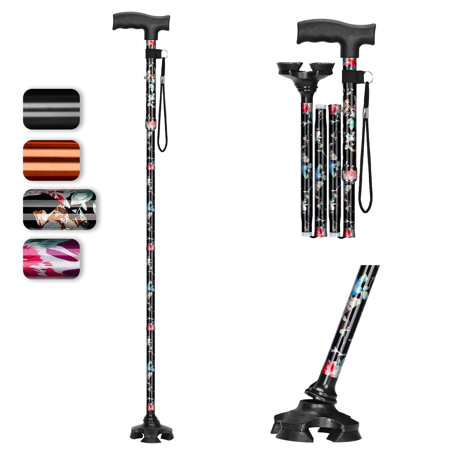 supregear Walking Cane for Men and Women - Foldable, Adjustable, Collapsible, Free Standing Cane with Pivot Tip, Heavy Duty Walking Sticks, Sleek Folding Sticks for Seniors and Adults, Floral Black