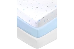 American Baby Company 3 Pack 100% Natural Cotton Fitted Crib Sheets 52" x 28" - Soft, Breathable, Hypoallergenic & Gentle Toddler Bed Sheets, Blue Stars/Blue/White, Neutral for Boys & Girls