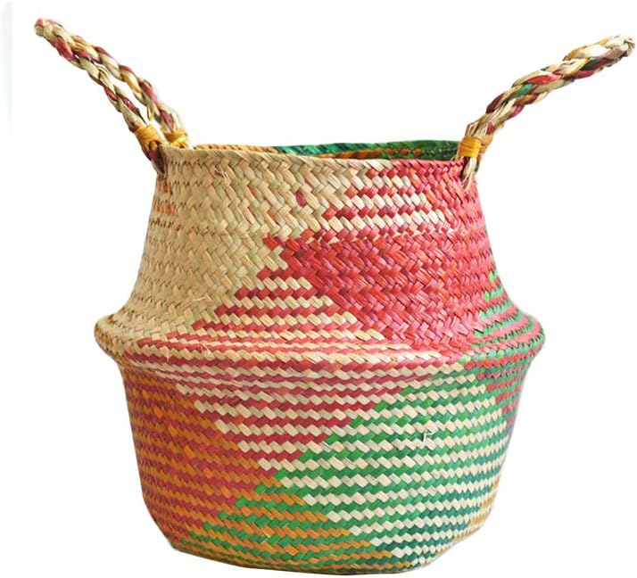 Flower Basket, Handmade Woven Hanging Basket, Seagrass Wicker Basket Wicker Basket Flower Pot Folding Basket Dirty Basket Storage for Home Garden Wedding Wall Decoration(L,Colorful)