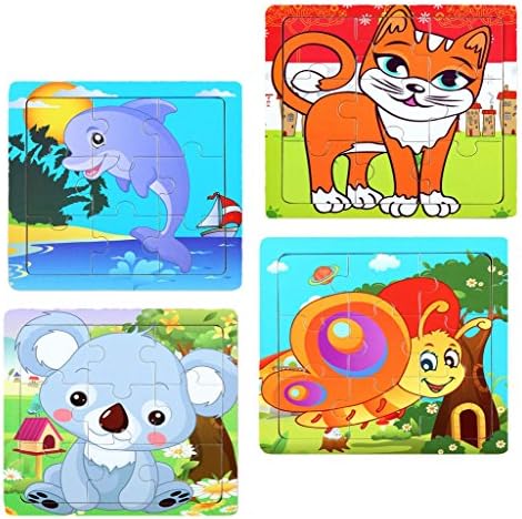 WELLSKEY Wooden Peg Puzzles Set of 4 (Dolphin, Butterfly, Koala, Cat)
