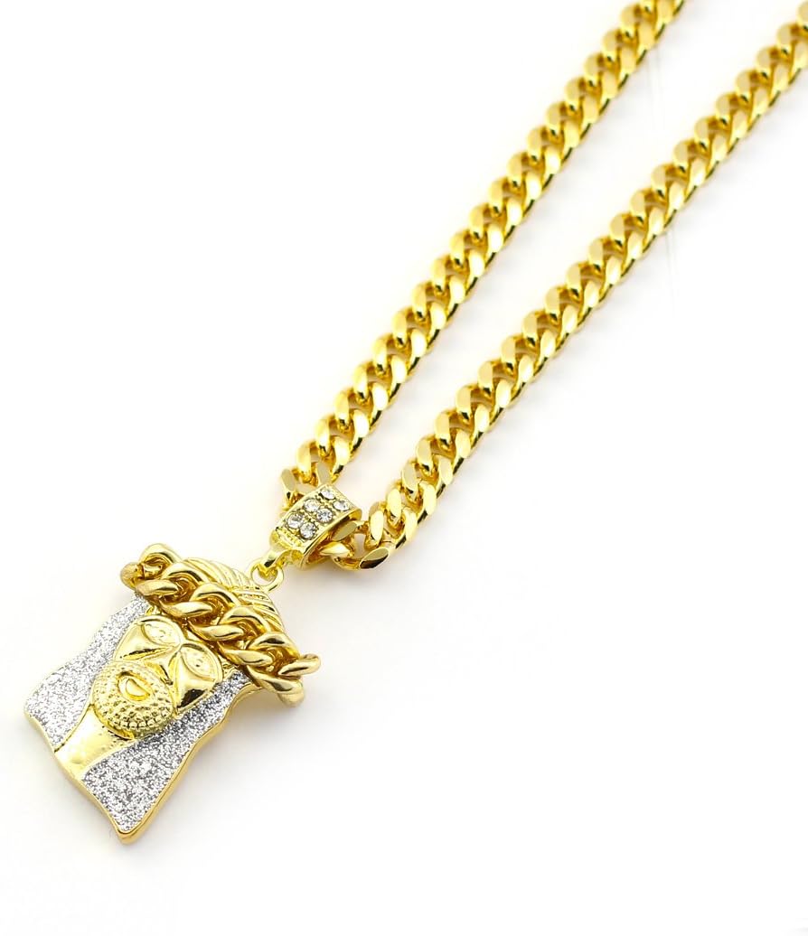 Men's 14k Gold Plated and stamped Jesus Face Cuban Crown Pendant with a 30 INCH Flat Miami Cuban Chain