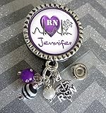 Personalized RN Nurse ID Badge Reel, heart Nurse Gift, LPN BSN Custom RN Retractable ID holder, Purple heart Nurse Name