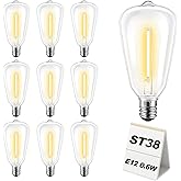 Adirxon 10-Pack ST38 LED Replacement Bulbs Shatterproof Dimmable Vintage Edison Bulbs 0.6W E12 Base 2700K Warm White for Quick String Light Repair Small Patios and DIY Projects