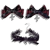 XnxnzhHo Women's Lace Bow Hair Clips, Gothic Hair Clips with Necklace Set, Black and Red, for Halloween Party Cosplay Costume Headwear Accessories