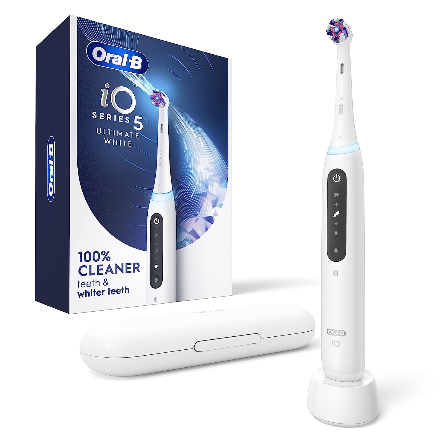 Photo 1 of Oral-B iO Series 5 Ultimate White Rechargeable Electric Toothbrush with Visible Pressure Sensor, 2 Minute Timer, 5 Cleaning Settings, 1 Replacement Toothbrush Heads, and Travel Case, White