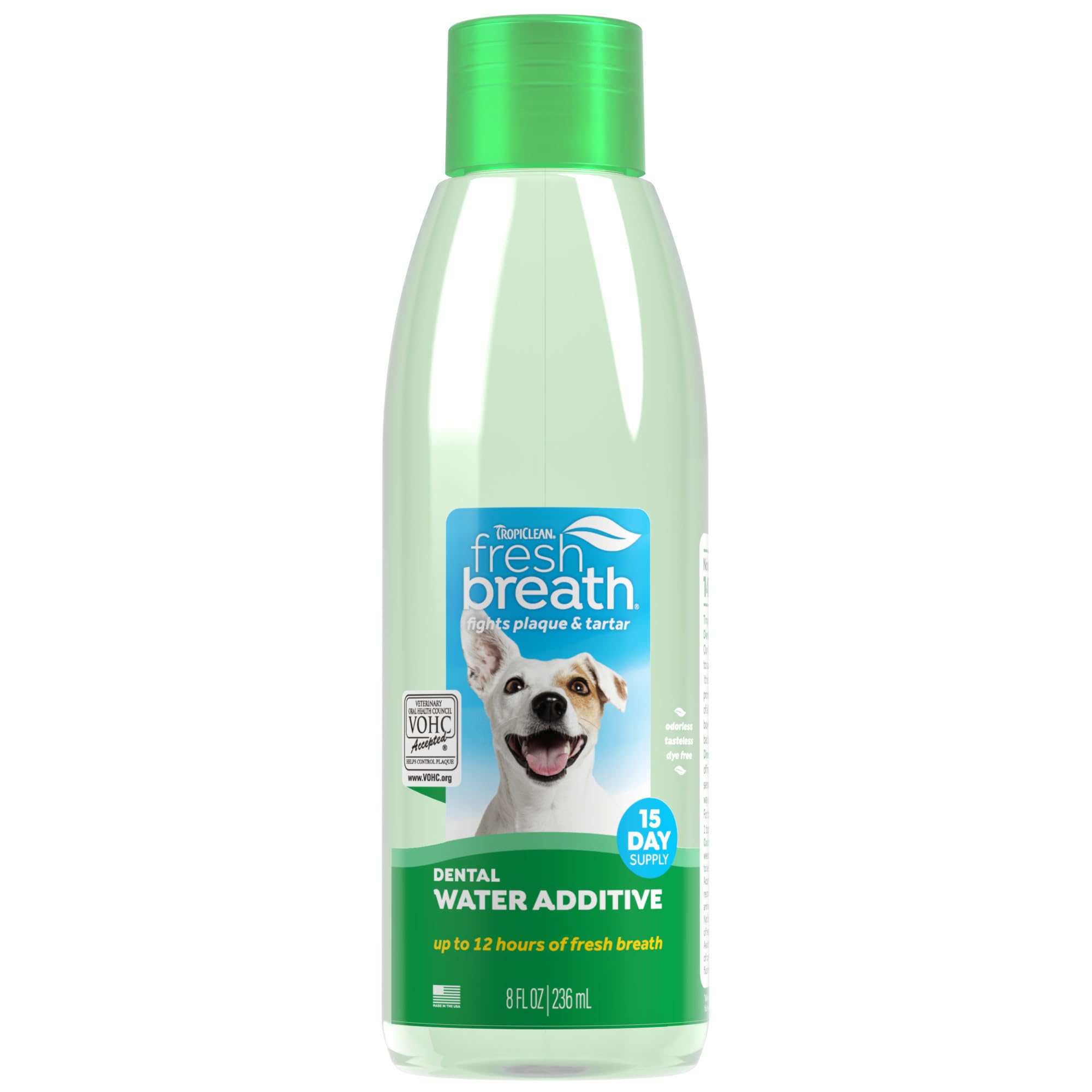 TropiClean Fresh Breath Dog Teeth Cleaning – Dog Dental Care for Bad Breath - Breath Freshener - Water Additive Mouthwash – Helps Remove Plaque Off Dogs Teeth, Original, 236ml