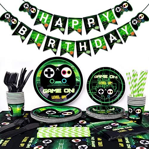 Video Game Party Supplies-Gamer Birthday Party Supplies Including Gaing Paper Plates,Cups,Napkins, Straws And Happy Birthday Banner For Boy Gamer Birthday Party Decoration