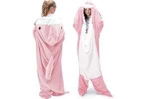 Touchat Shark Blanket Hoodie Onesie, Wearable Blankets Hoodie Adult, Warm Flannel Throw Blanket Tail Sleeping Bag, Cartoon Costume Shark Onesie Funny Gifts for Adults (Pink,M)
