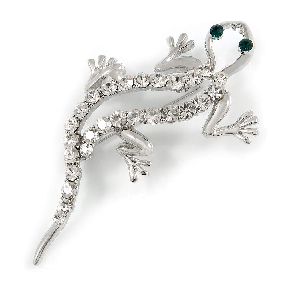 Silver Tone Crystal Lizard With Geen Eyes Brooch