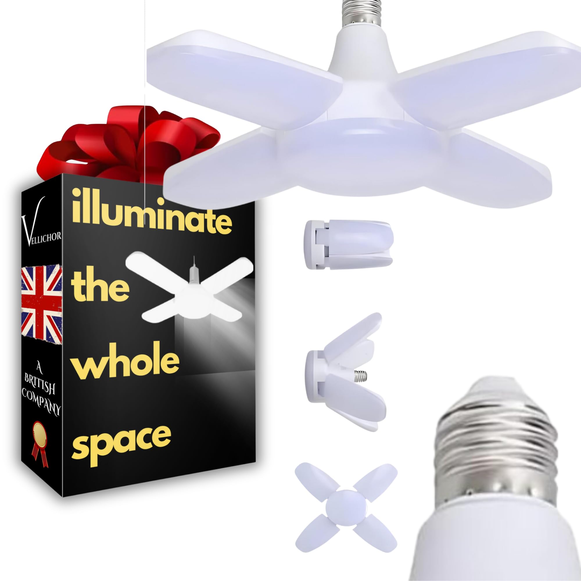 Innovative Adjustable Folding Leaf Light for Home or Garage | Edison E27 Fitting | 0 - 90 Degree Moving Panels to Illuminate corners of the room | 5 LED Panels | 4000 Lumens Bright Cool White Light