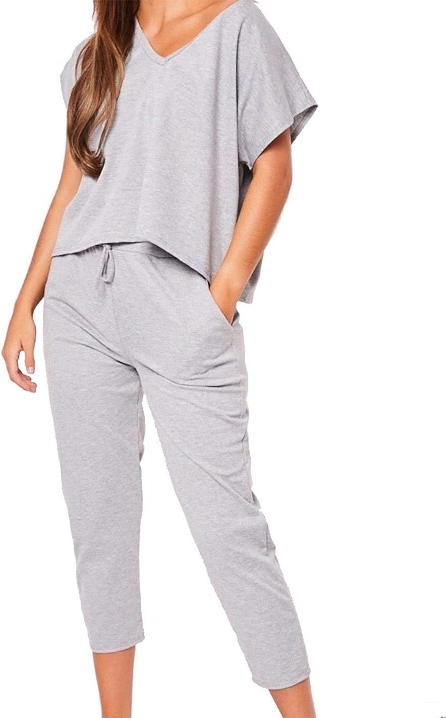 GirlzWalkWomen Ladies Fancy Dress Party V Neck Loose Fit Lounge Wear Two Pocket Tracksuit Co-Ord Set - beige - Large